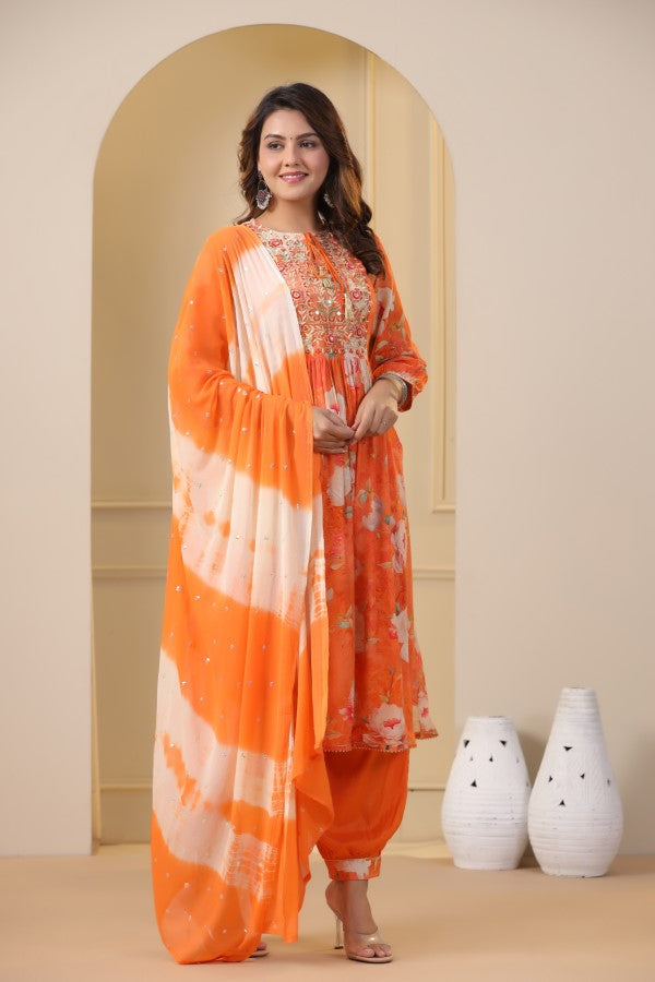 Orange Floral Embroidered and Handworked Straight-Cut Kurta Set