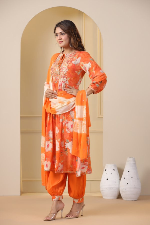 Orange Floral Embroidered and Handworked Straight-Cut Kurta Set