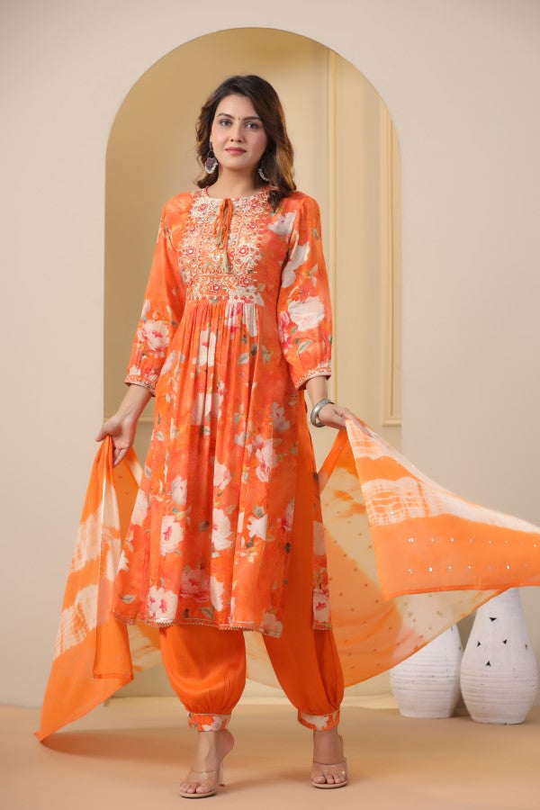 Orange Floral Embroidered and Handworked Straight-Cut Kurta Set