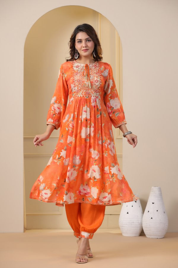 Orange Floral Embroidered and Handworked Straight-Cut Kurta Set