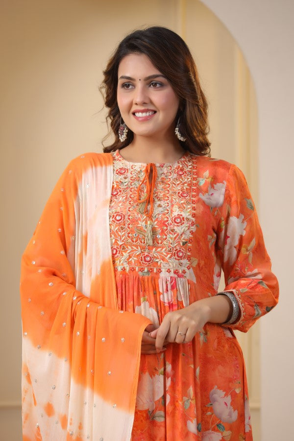 Orange Floral Embroidered and Handworked Straight-Cut Kurta Set