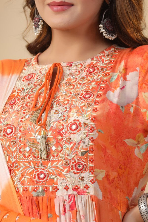 Orange Floral Embroidered and Handworked Straight-Cut Kurta Set