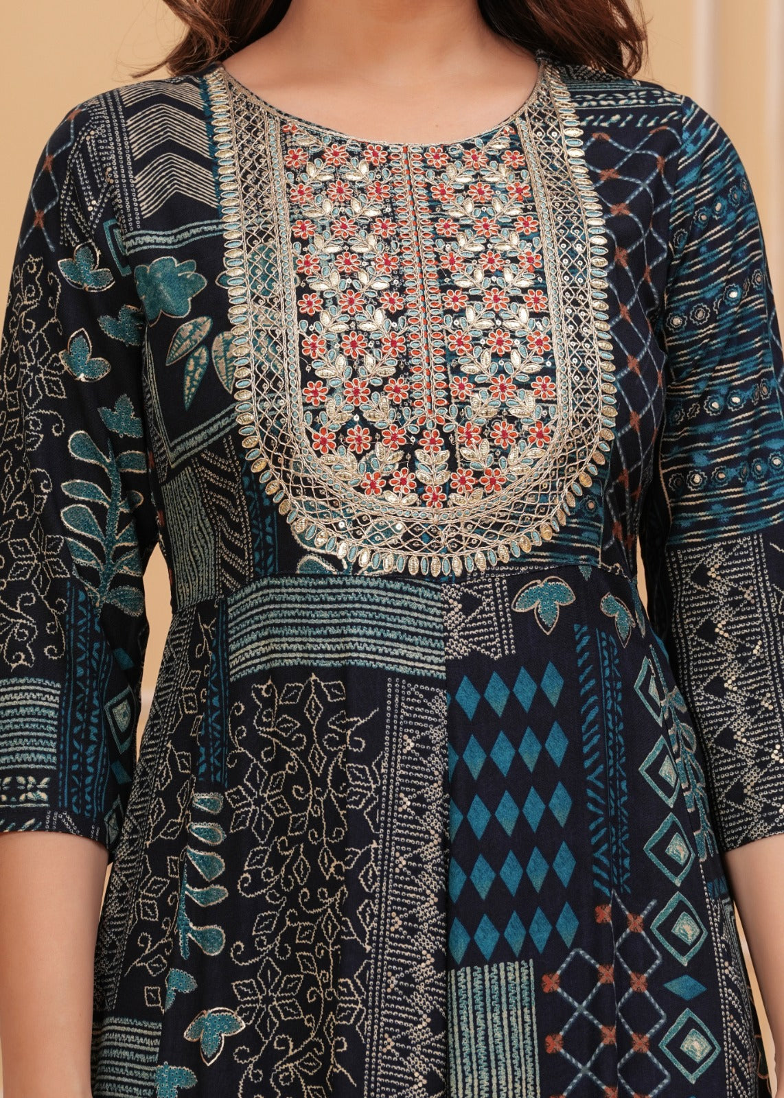 Navy Blue Embroidery Flair Gown