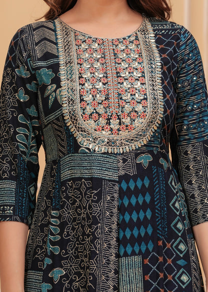 Navy Blue Embroidery Flair Gown