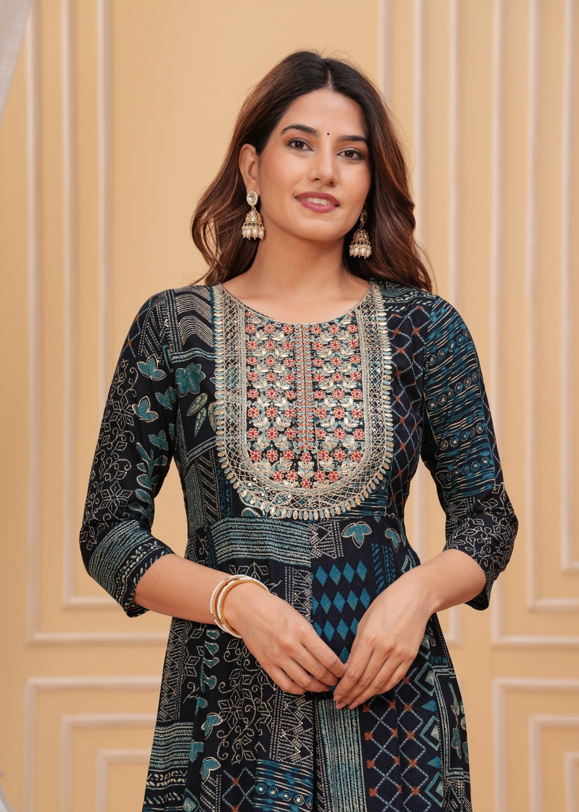 Navy Blue Embroidery Flair Gown