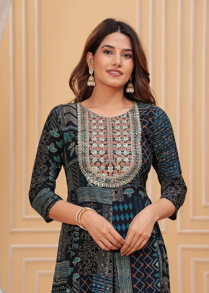 Navy Blue Embroidery Flair Gown