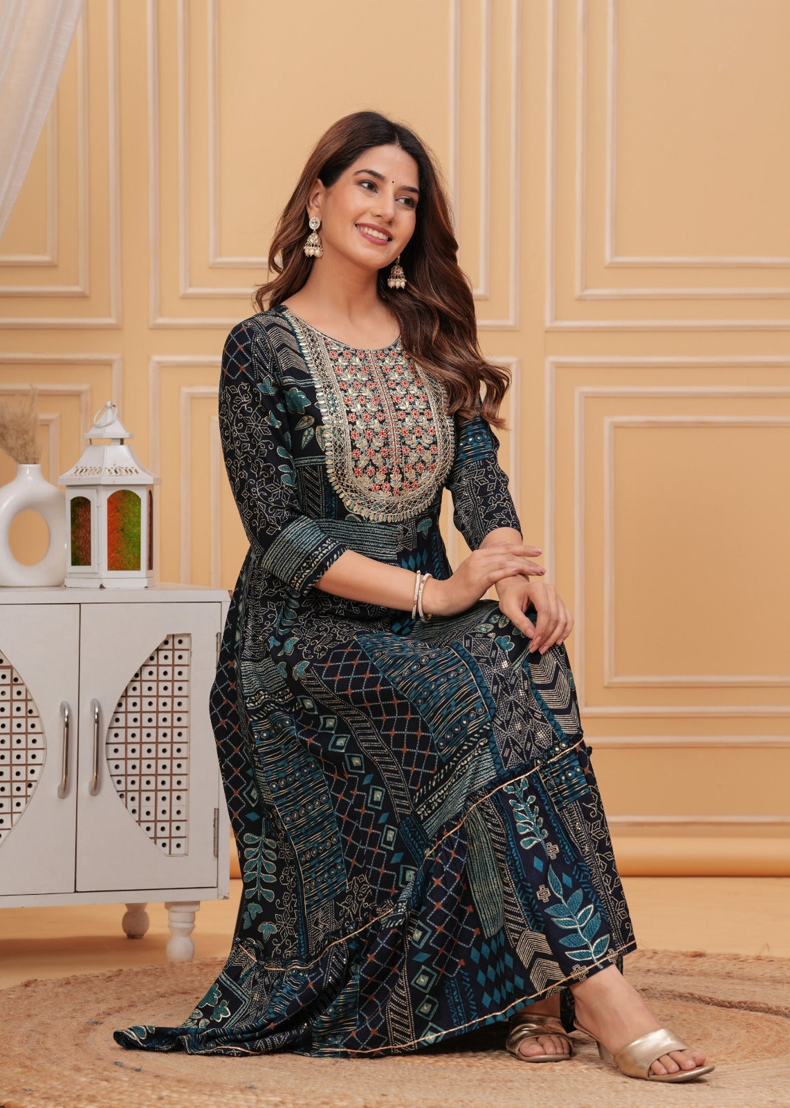 Navy Blue Embroidery Flair Gown