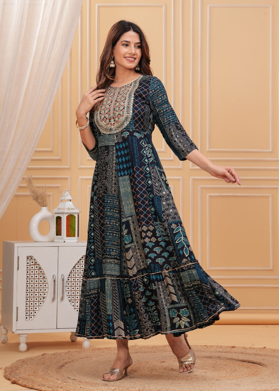 Navy Blue Embroidery Flair Gown