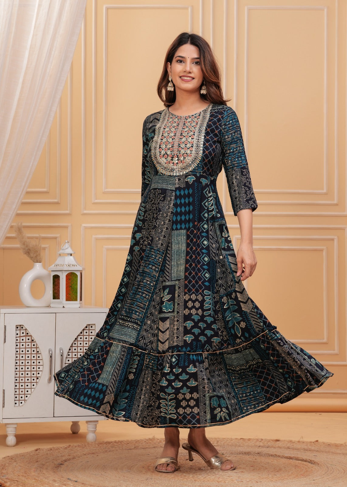 Navy Blue Embroidery Flair Gown