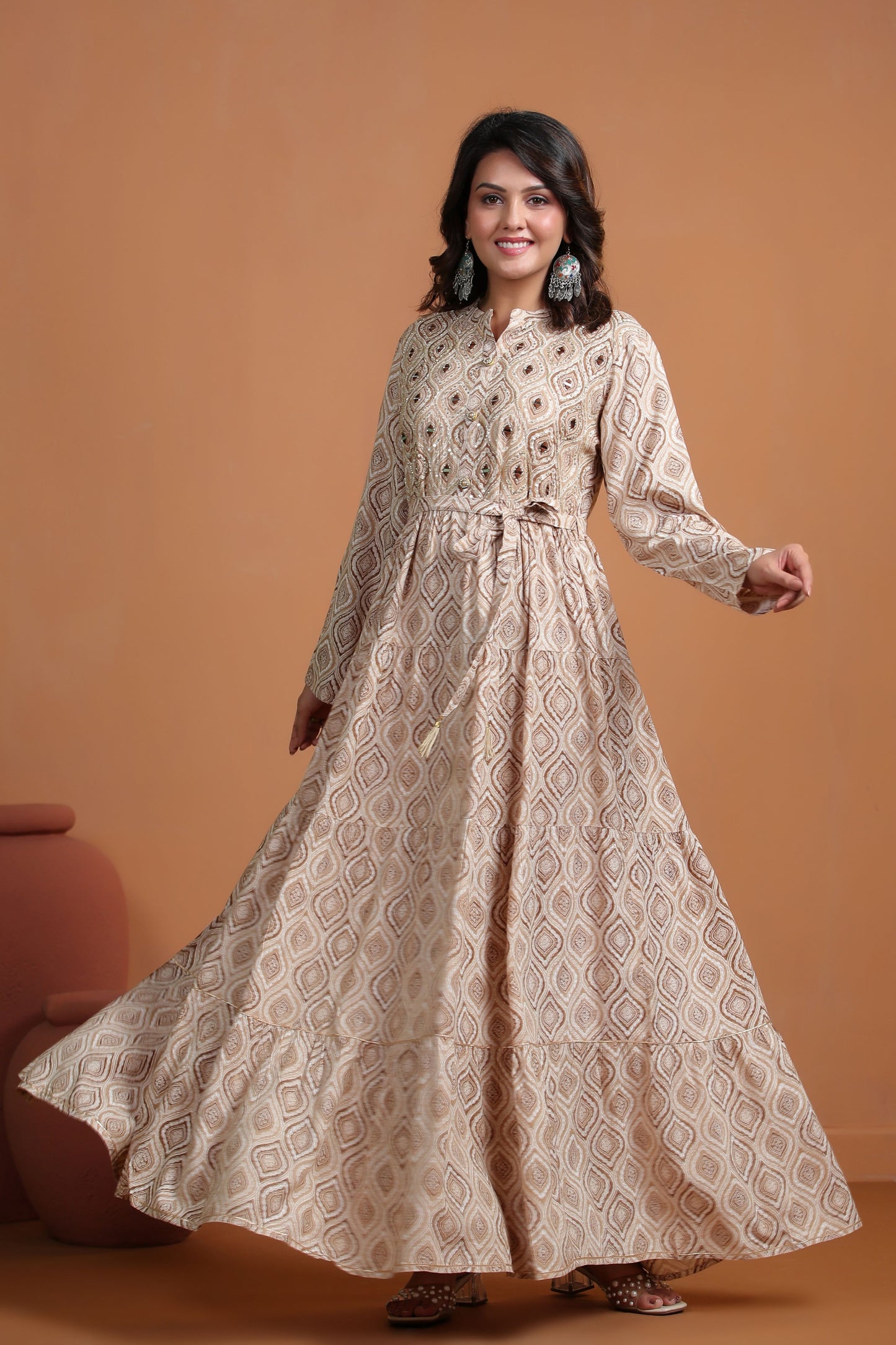 Beige Mirror-Work Flair Gown