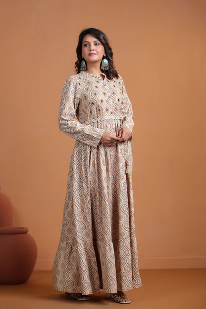 Beige Mirror-Work Flair Gown