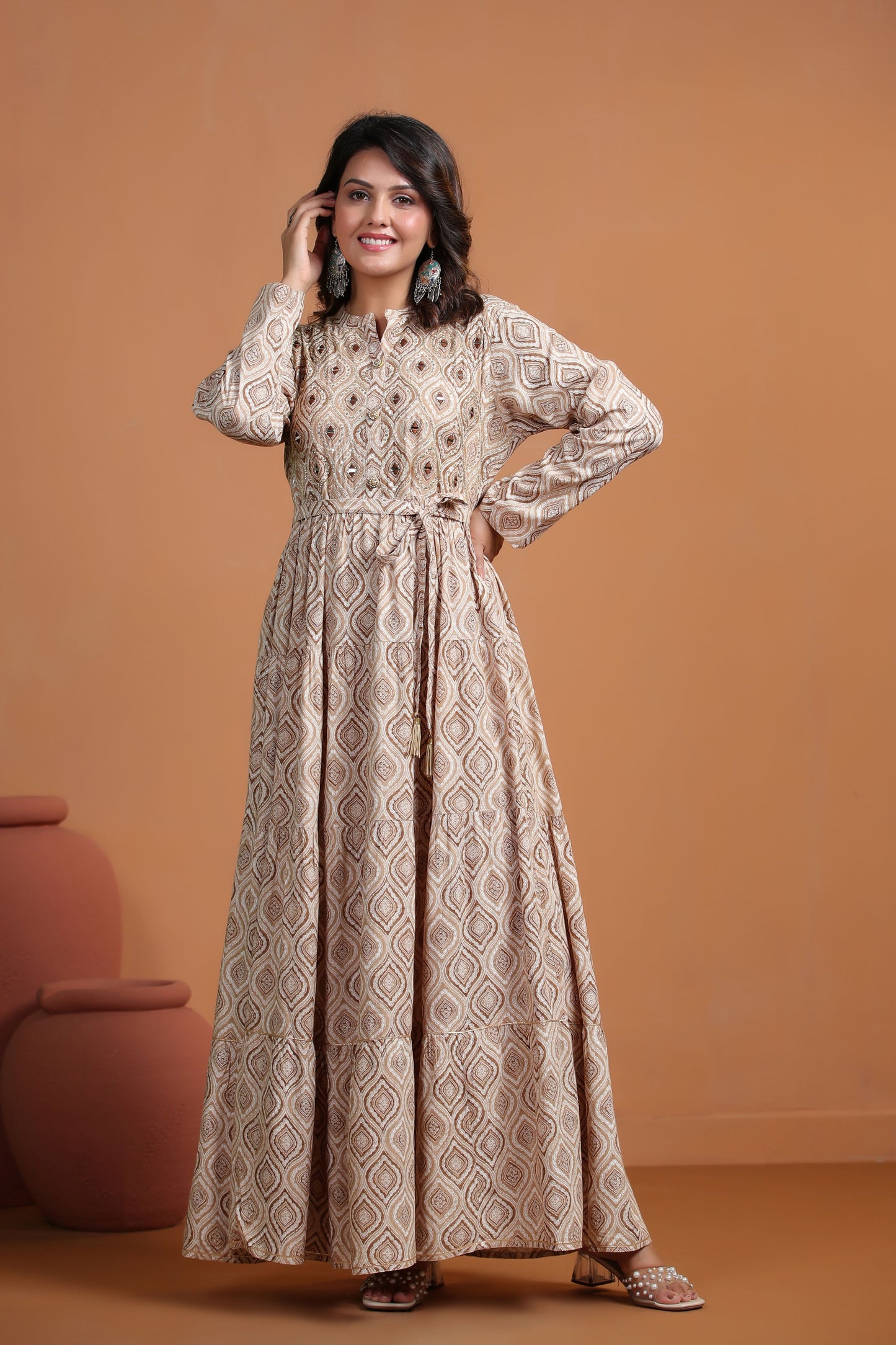 Beige Mirror-Work Flair Gown