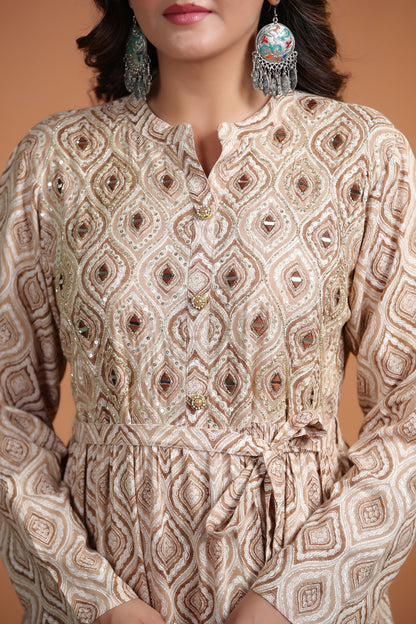 Beige Mirror-Work Flair Gown