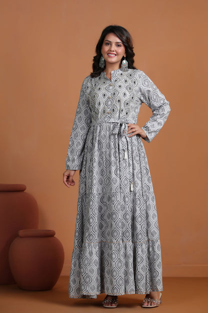 Grey Mirror-Work Flair Gown