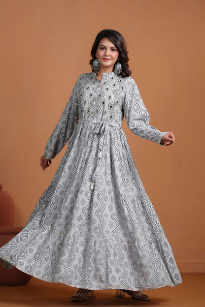 Grey Mirror-Work Flair Gown