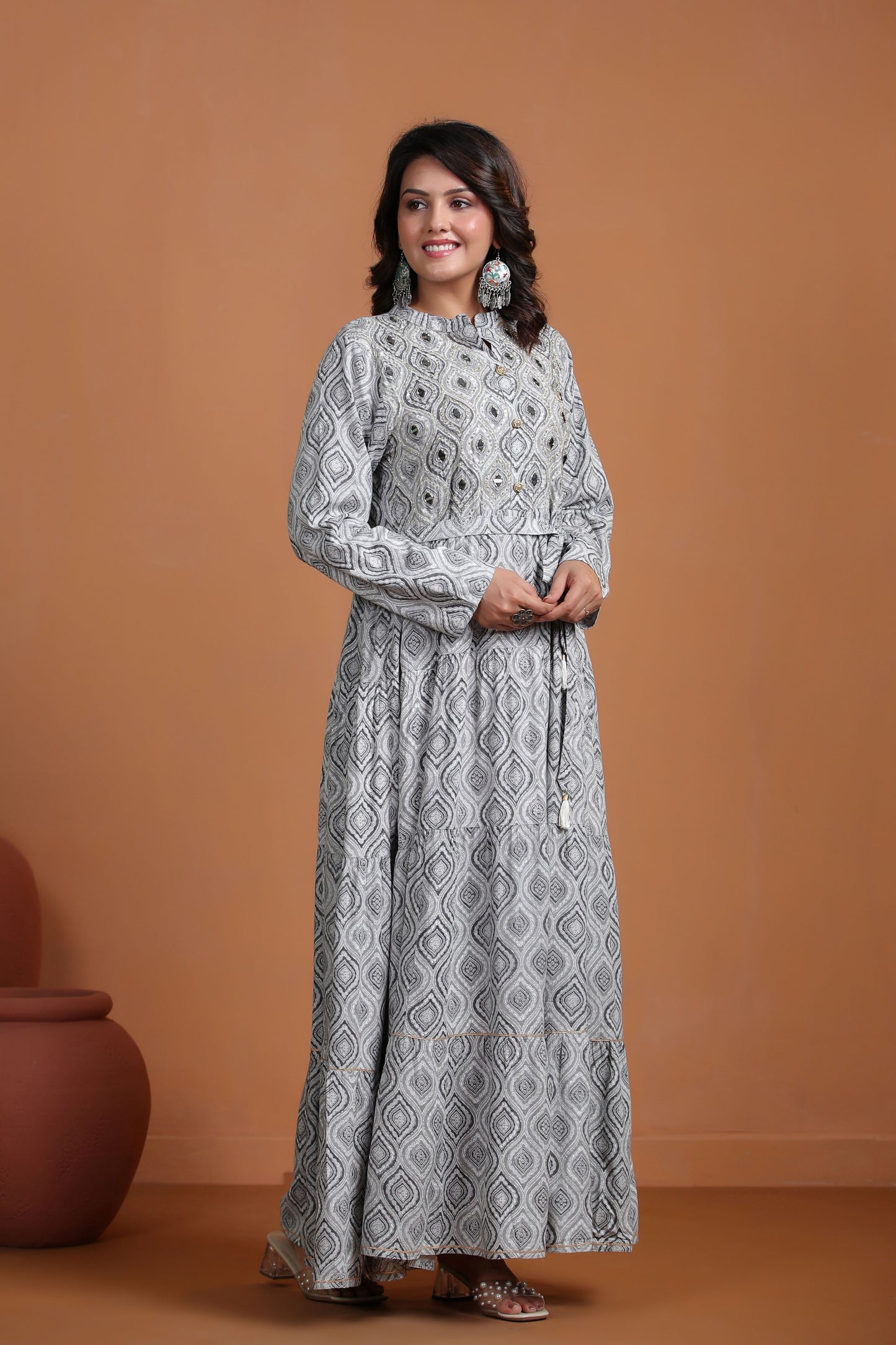 Grey Mirror-Work Flair Gown