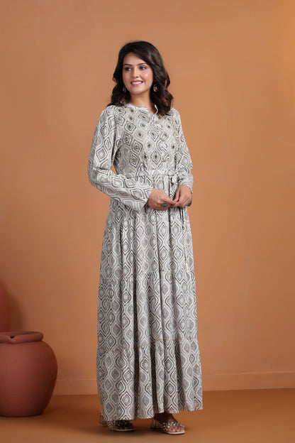 Peanut Brown Mirror-Work Flair Gown