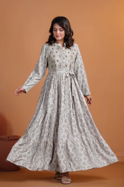 Peanut Brown Mirror-Work Flair Gown