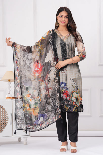 Black Floral Handwork 3-Pcs Suit Set