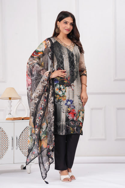Black Floral Handwork 3-Pcs Suit Set