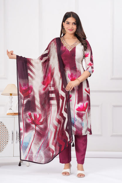 Burgundy Floral Handwork 3-Pcs Suit Set