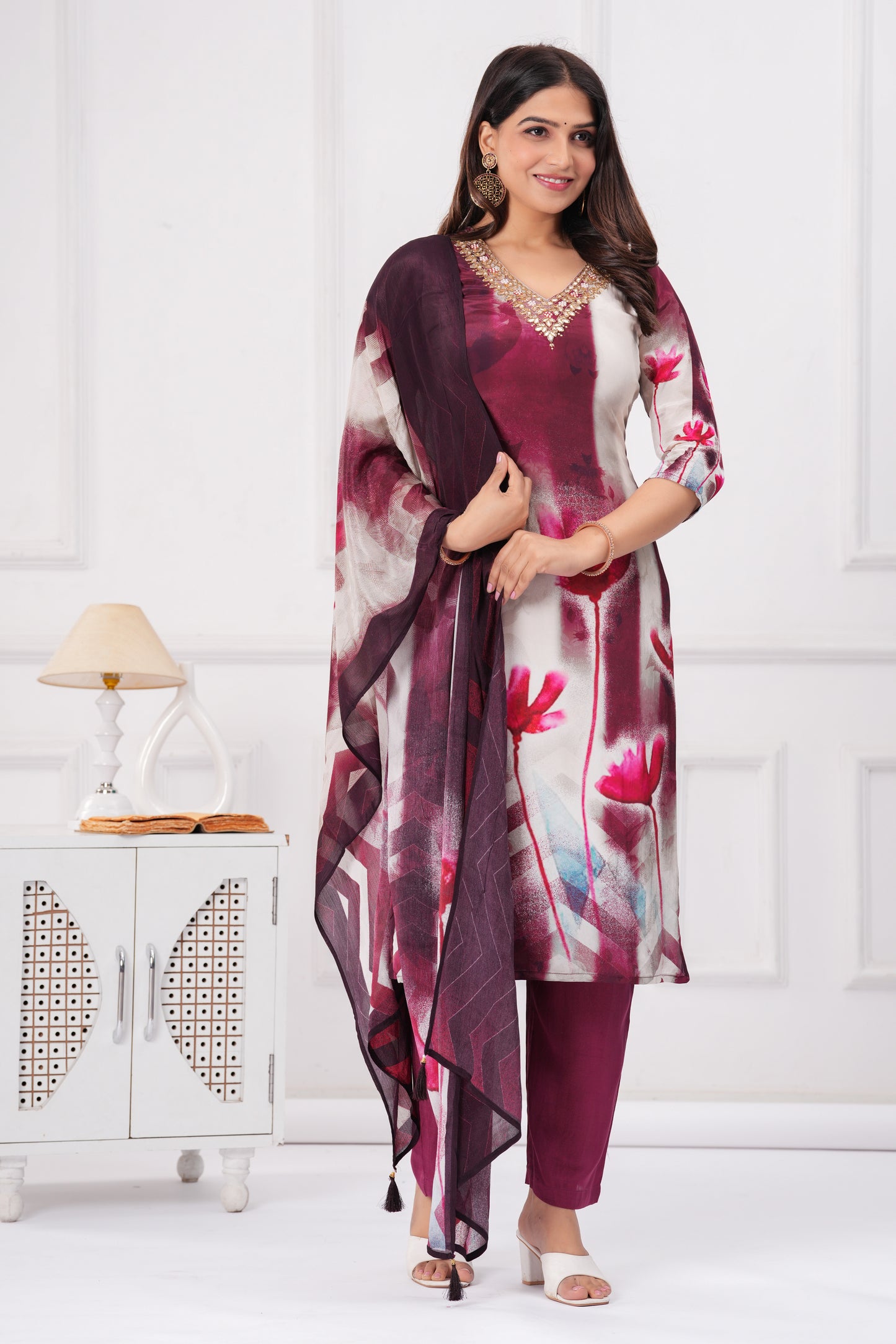 Burgundy Floral Handwork 3-Pcs Suit Set