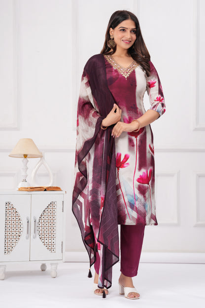 Burgundy Floral Handwork 3-Pcs Suit Set