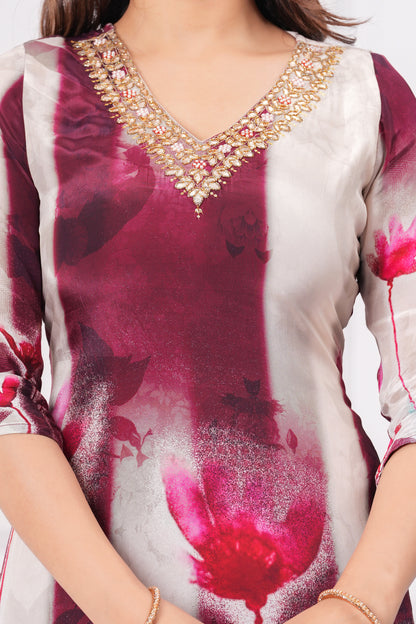 Burgundy Floral Handwork 3-Pcs Suit Set