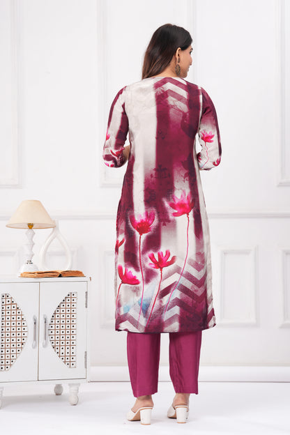 Burgundy Floral Handwork 3-Pcs Suit Set