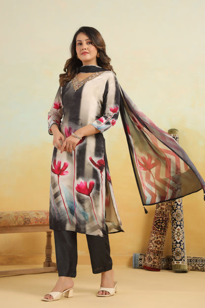 Floral Black Handwork 3-Pcs Suit Set