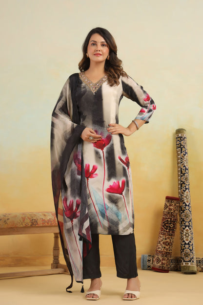 Floral Black Handwork 3-Pcs Suit Set