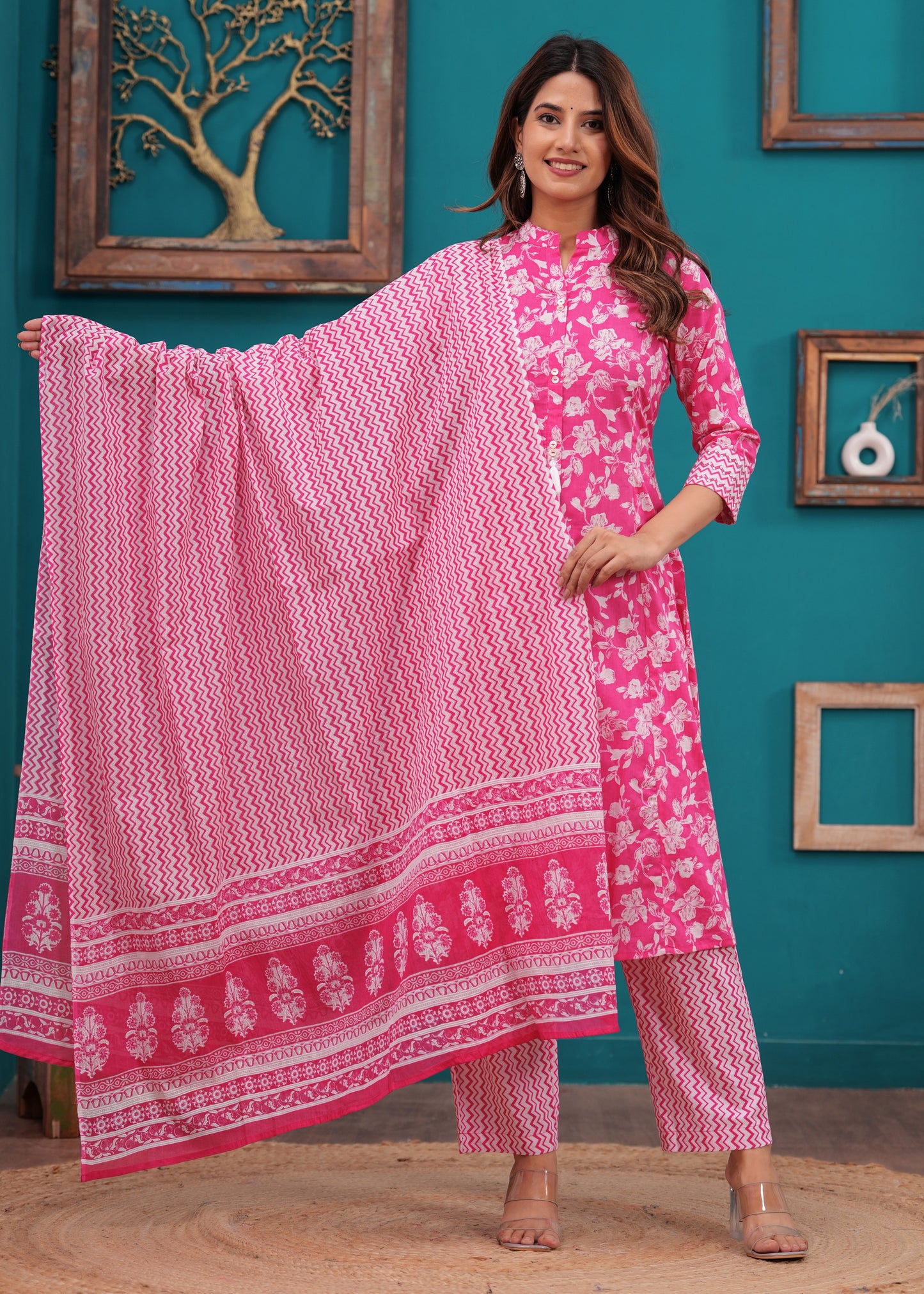 Bright Pink A-Line 3-Pcs Suit Set