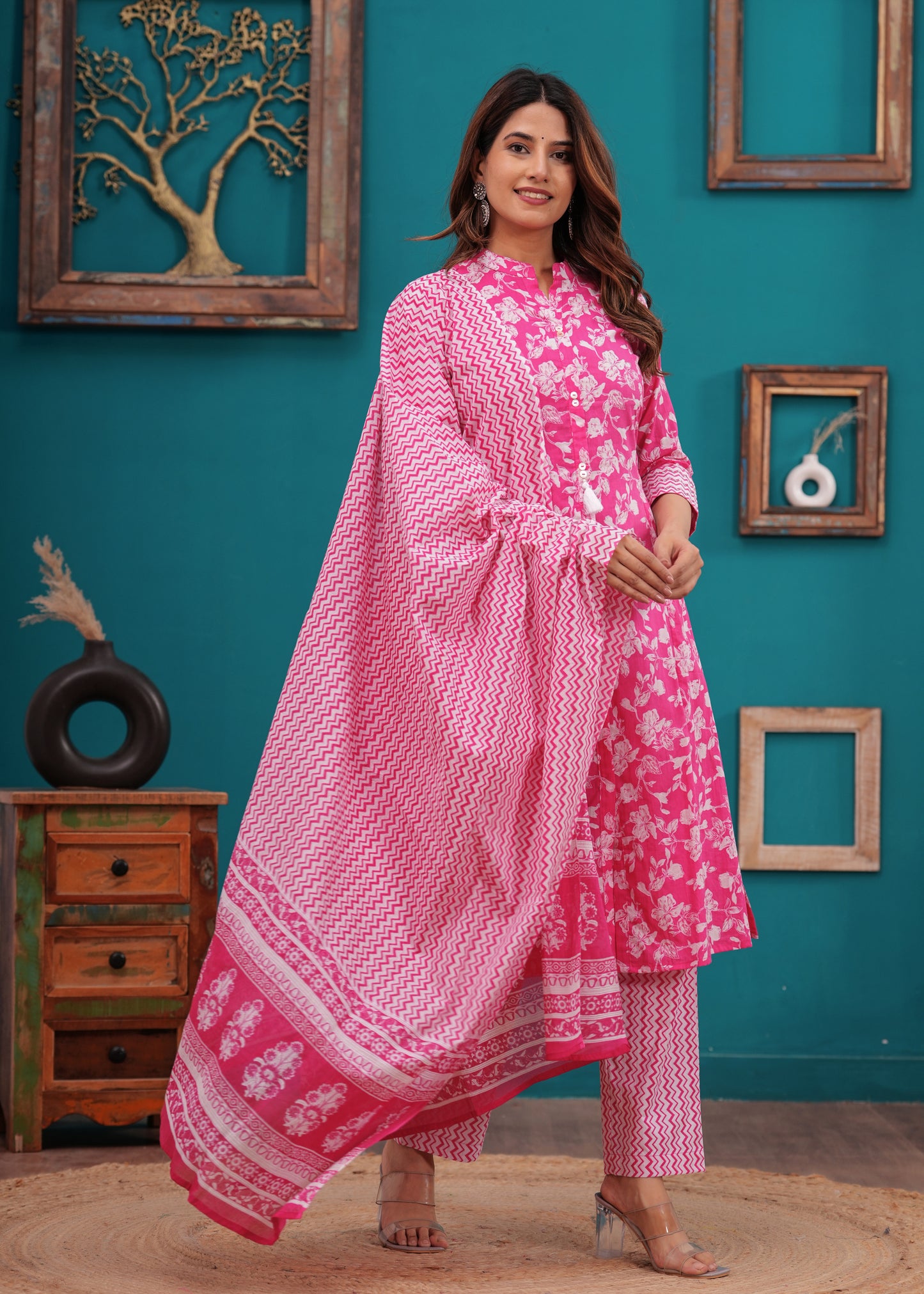 Bright Pink A-Line 3-Pcs Suit Set