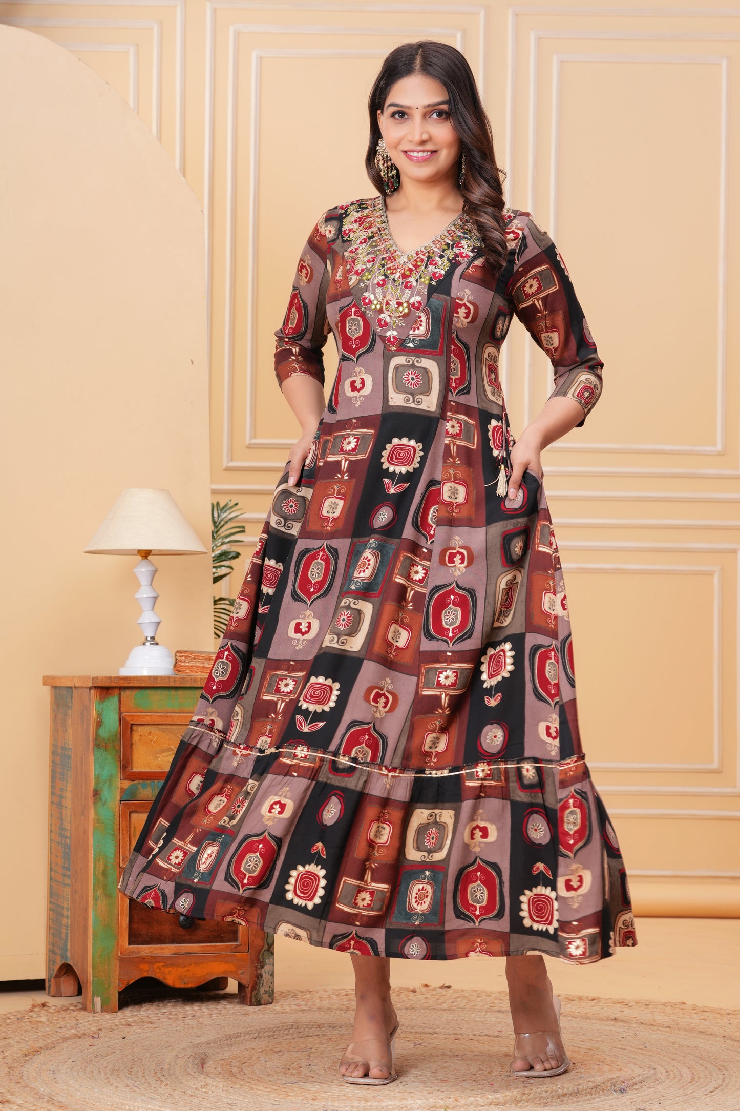 Black Geometric Print V-Neck Handwork Flair Gown