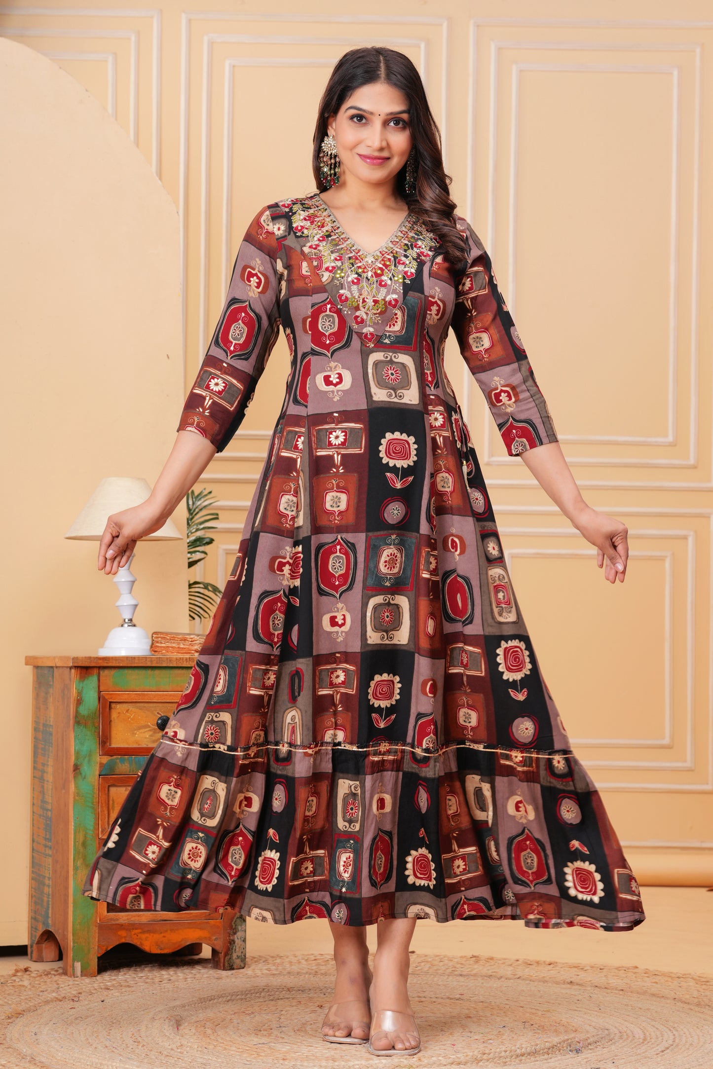 Black Geometric Print V-Neck Handwork Flair Gown