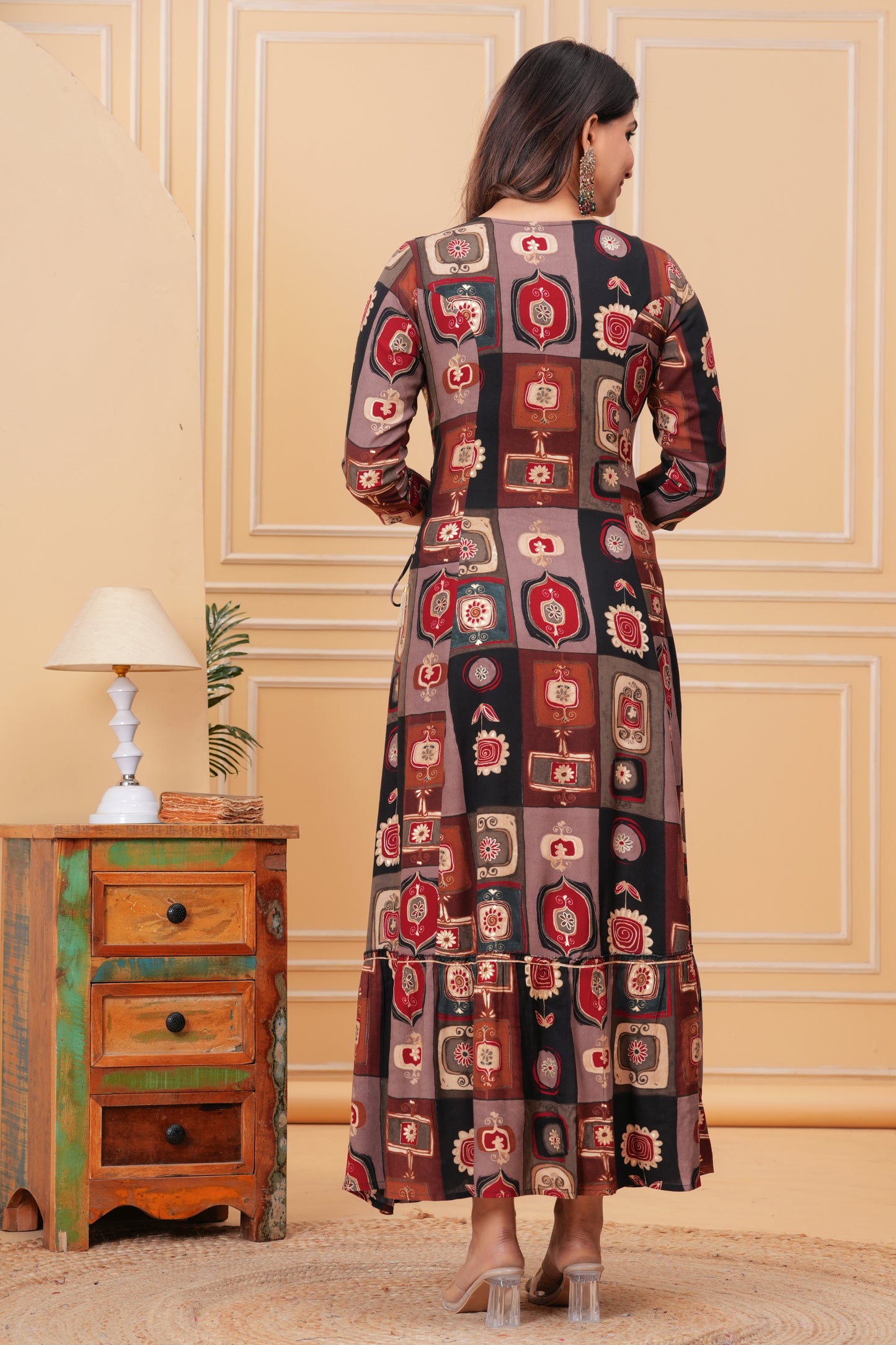 Black Geometric Print V-Neck Handwork Flair Gown