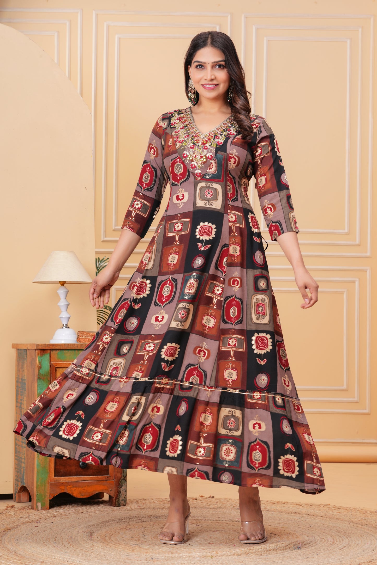 Black Geometric Print V-Neck Handwork Flair Gown