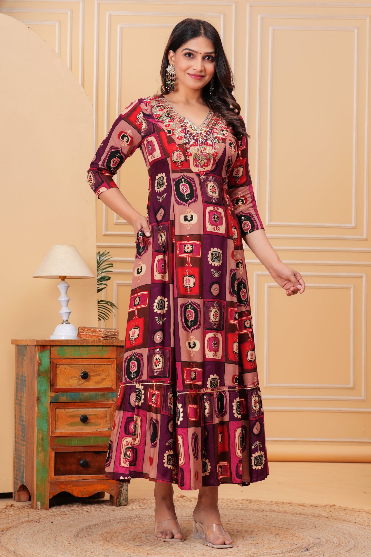 Pastel Vine V-Neck Handwork Flair Gown