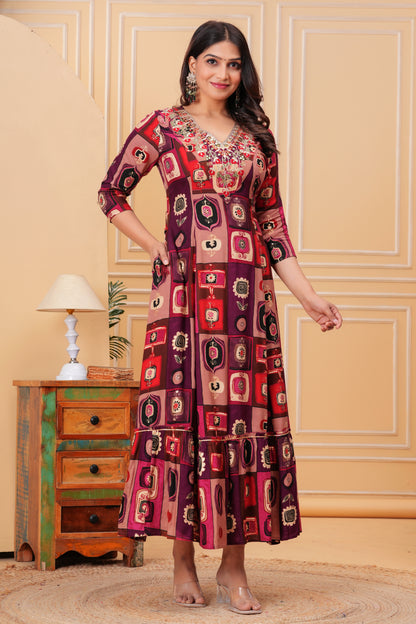 Pastel Vine V-Neck Handwork Flair Gown