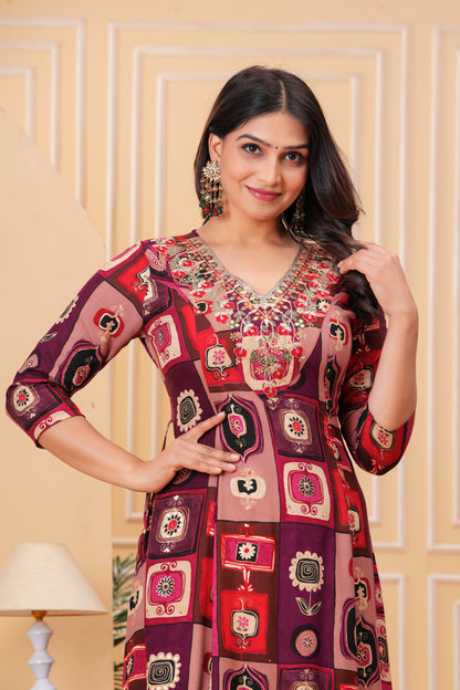 Pastel Vine V-Neck Handwork Flair Gown