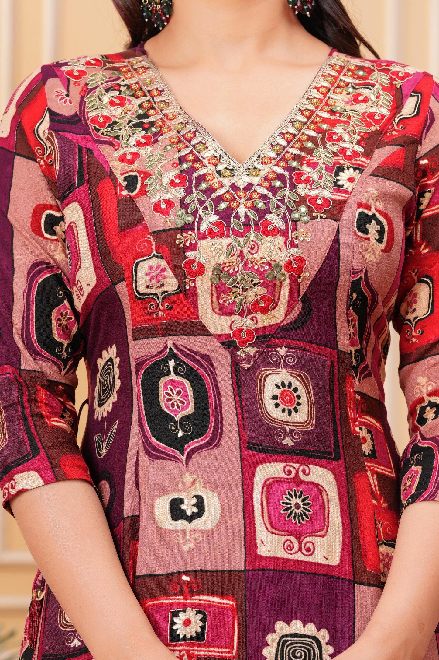 Pastel Vine V-Neck Handwork Flair Gown