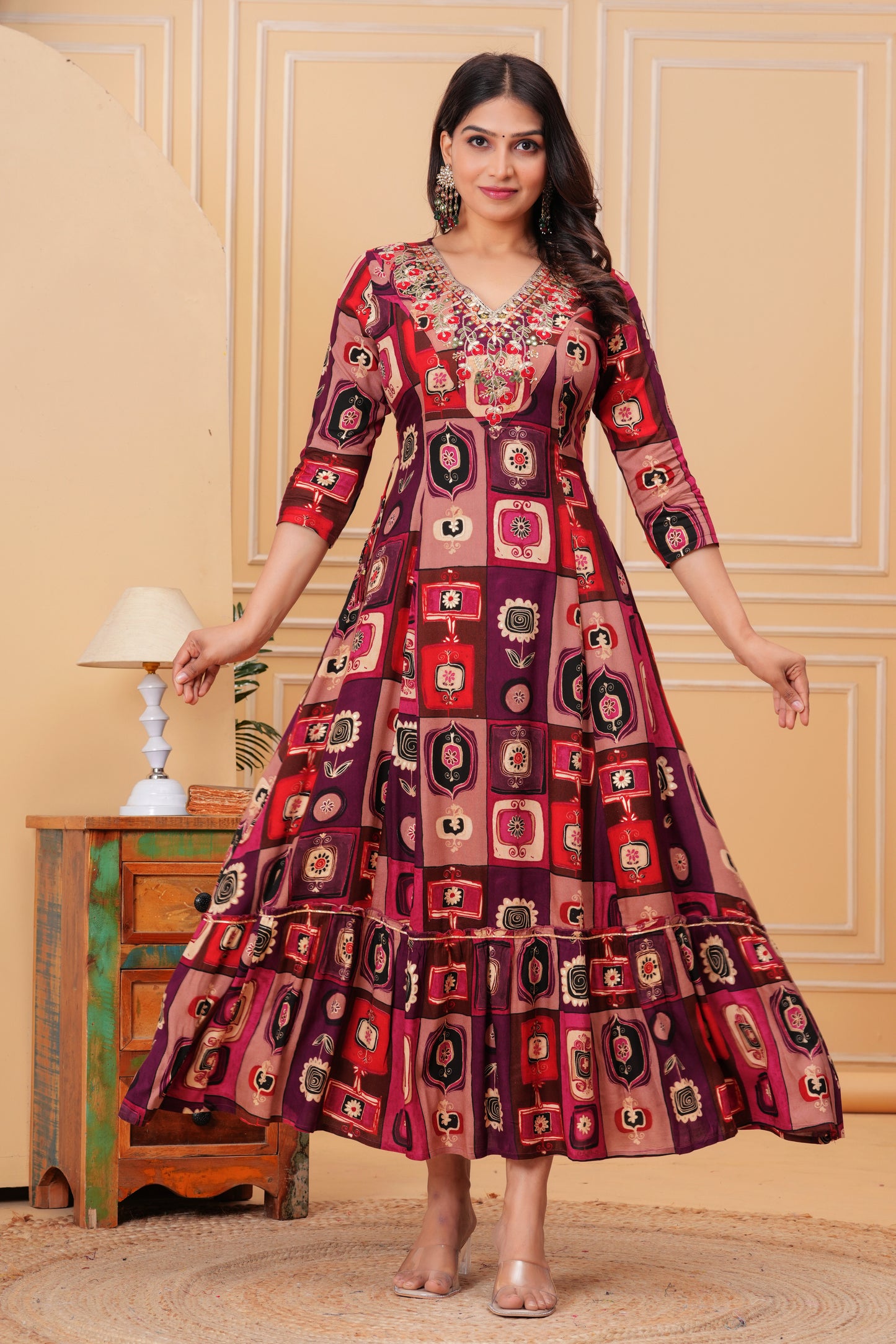 Pastel Vine V-Neck Handwork Flair Gown