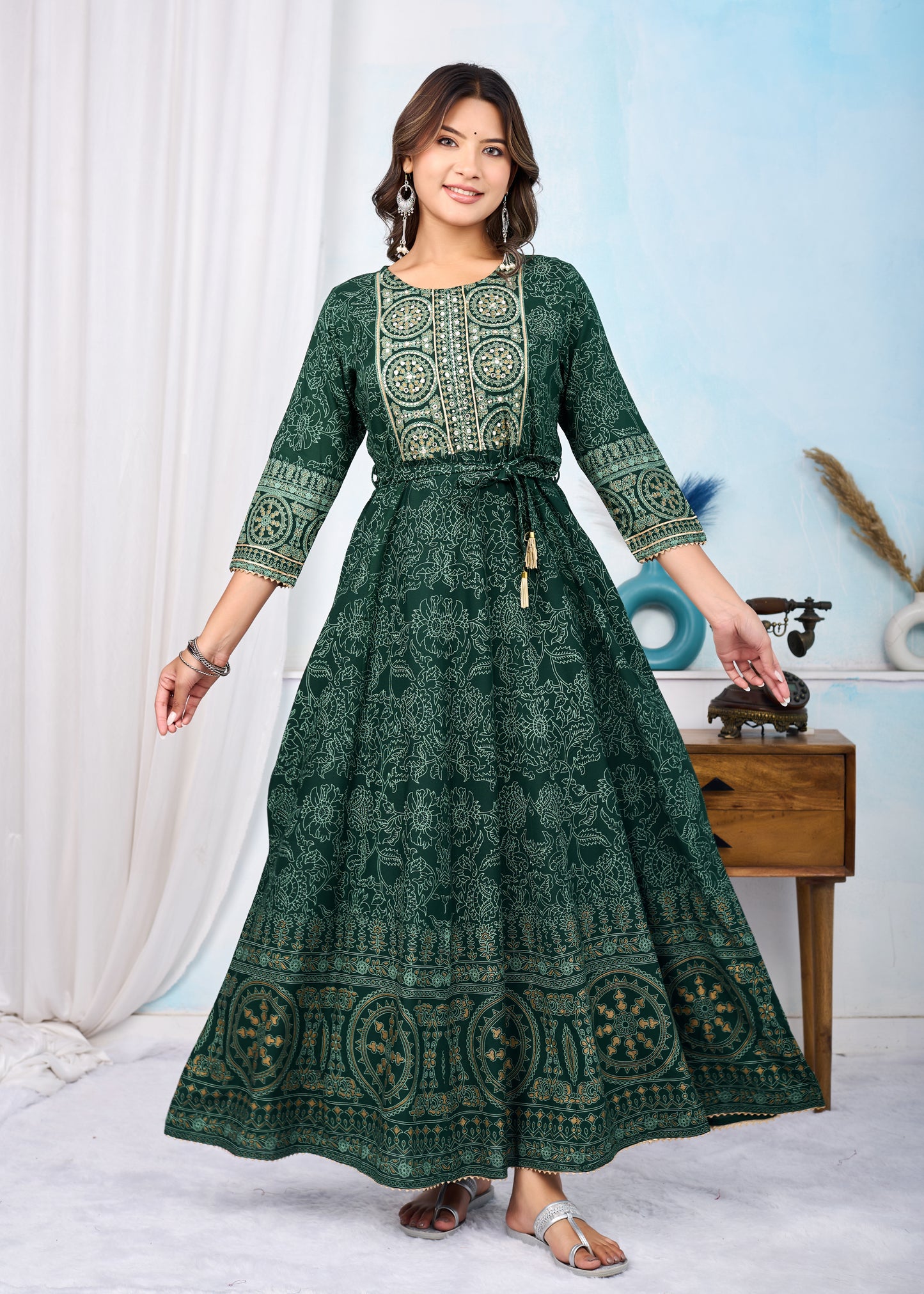 Bottle Green Handwork Flair Gown