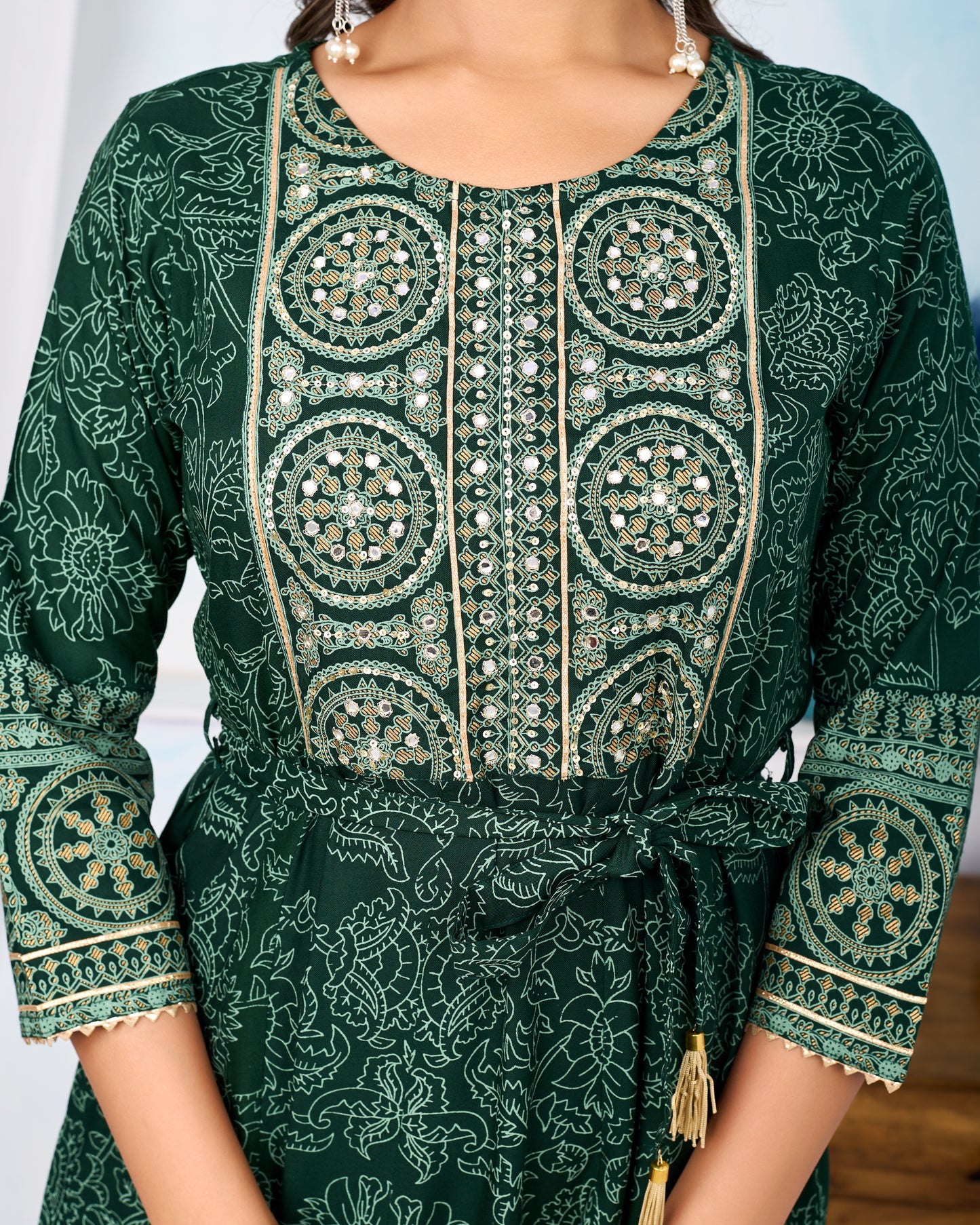 Bottle Green Handwork Flair Gown