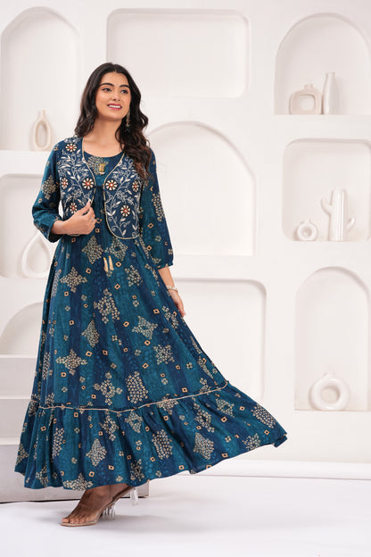 Midnight Blue Embroidered Jacket Gown