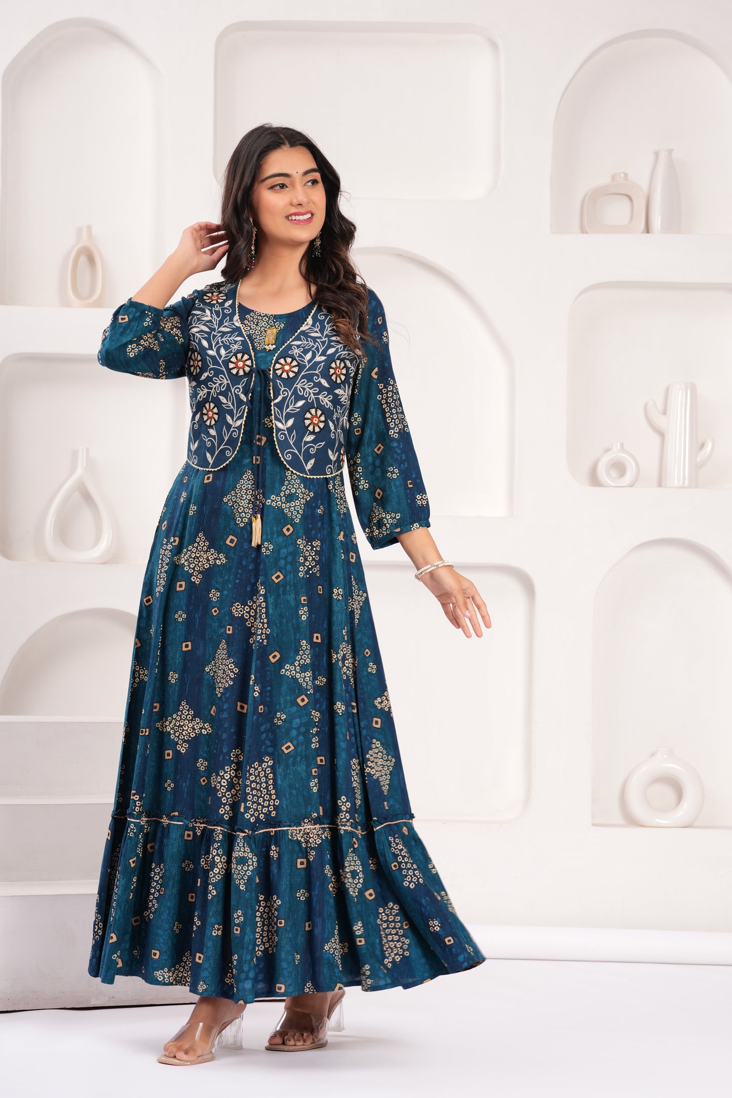 Midnight Blue Embroidered Jacket Gown