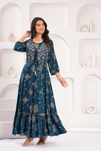 Midnight Blue Embroidered Jacket Gown