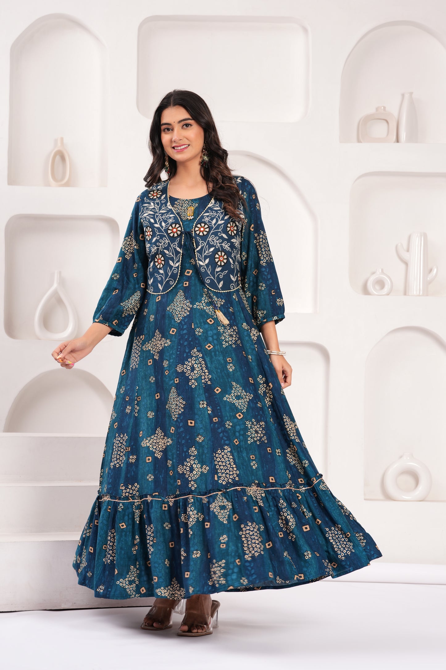 Midnight Blue Embroidered Jacket Gown