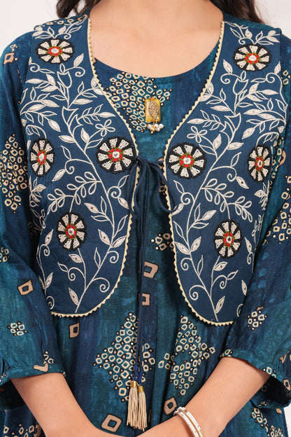 Midnight Blue Embroidered Jacket Gown