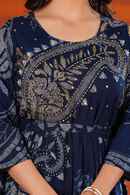 Prussian Blue Shahi Buta Handwork Gown